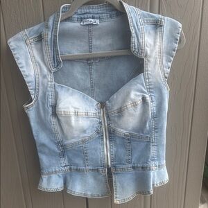 Blue Denim Top with Frayed Hem and Distressed Look